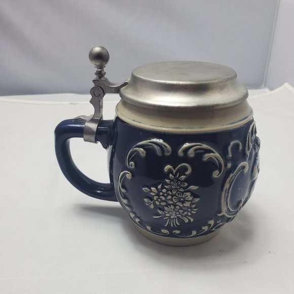Gerzit West Germany Stone Ceramic Lidded Beer Stein Blue Octoberfest Rare Style - Picture 2 of 9